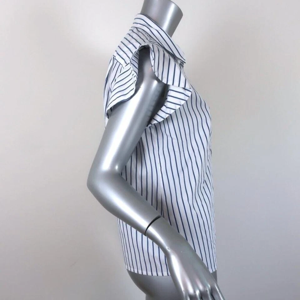 FRAME Popover Blouse White/Blue Striped Cotton Size Small Flounce Sleeve Top - Изображение 4 из 4