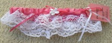 PINK SATIN WEDDING BRIDAL GARTER W/WHITE LACE TRIM  PETITE WHITE SATIN FLOWER