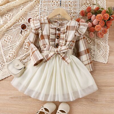Baby Girls' dress plaid striped long-sleeved patchwork princess dress | eBay