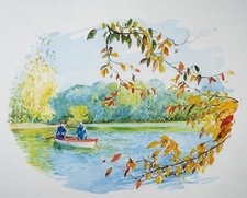 Original Watercolour 'Lake Fishing', Circa 1980's, Ken Johnson (20th Century)