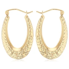 Ioka - 14K Yellow Gold Oval Textured Hollow Hoop Earrings for Women and Girls