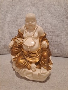 Vintage Laughing Buddha Ivory White & Gold Statue Mid-Century Lucite 9"Tall