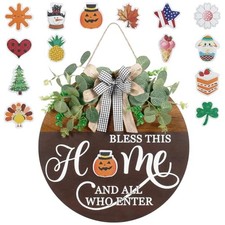 Interchangeable Seasonal Welcome Sign for Front Door, Rustic Round Wood Wreath