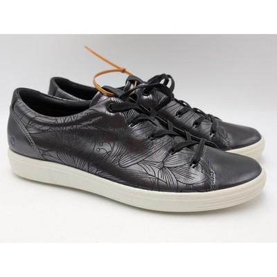 ECCO Sneaker Womens 11-11.5 Pewter Soft 7 Floral Etched Metallic Leather Lace Up
