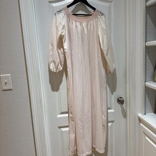 Vtg Hand Made Smocked Pink Long Sheer Nightgown Gown Round NeckSize Large