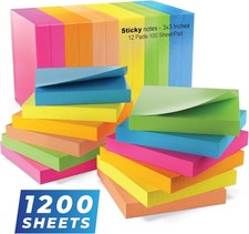 Sticky Notes 3X3 in 12 Pads Bright Colored Super Self Sticky Pads - 100 Sheets