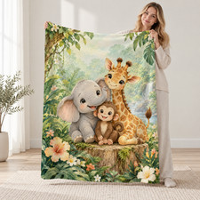 Elephant Giraffe Monkey Jungle Watercolor Coral Fleece Blanket