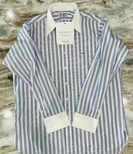 Turnbull & Asser Men's White Blue Stripe Cotton Dress Shirt French Cuff