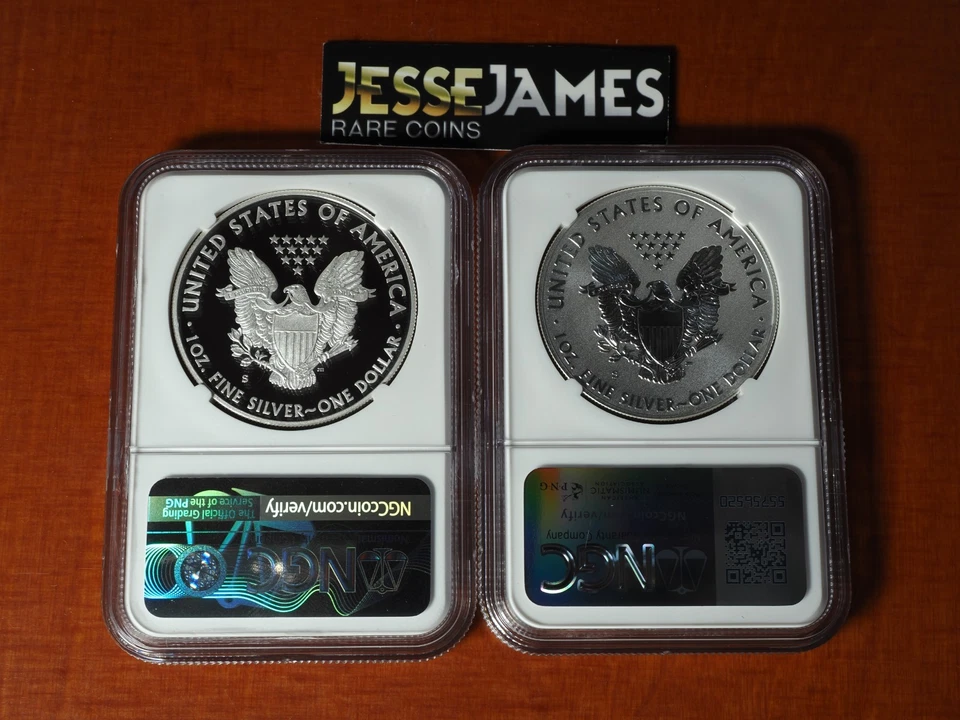 Juego de 2 monedas S 2012 prueba inversa Silver Eagle NGC PF70 y Pf70 San Francisco Foto 2 de 4