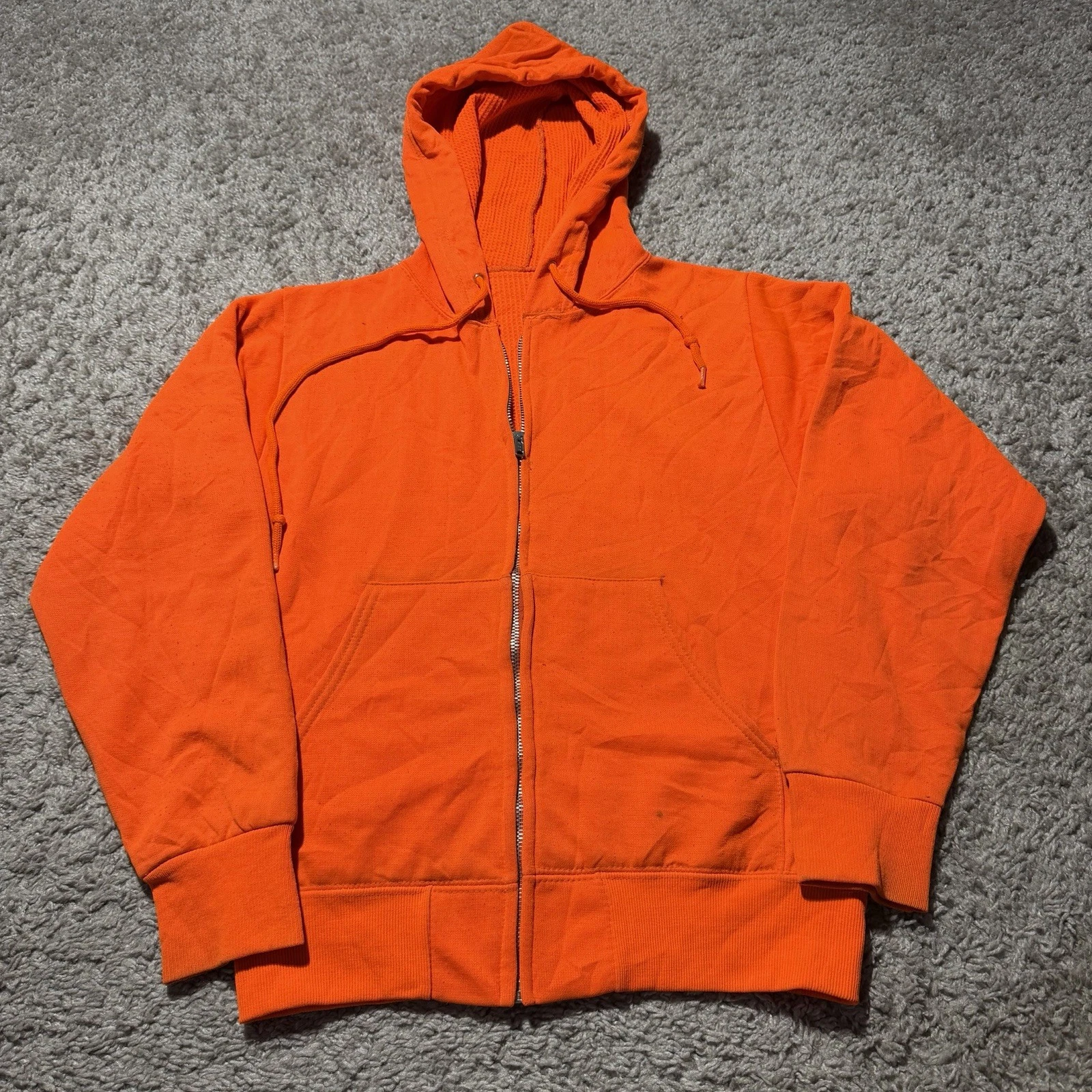 True Vintage 1970s 60s Orange Thermal Full Zip Hoodie Small Polyester