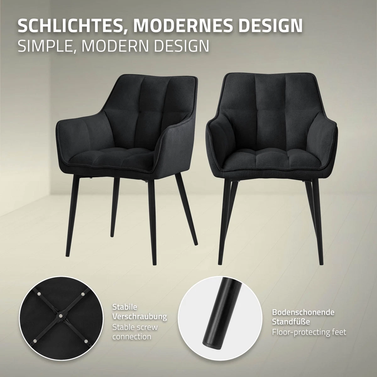 4x Sillas de comedor negras de tejido de rizo asiento ergonómico con patas metal