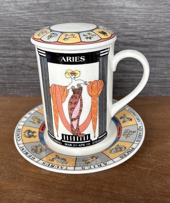 Teetassen Bone China -Sternzeichen Widder/ Aries mit Teller + Deckel NEU