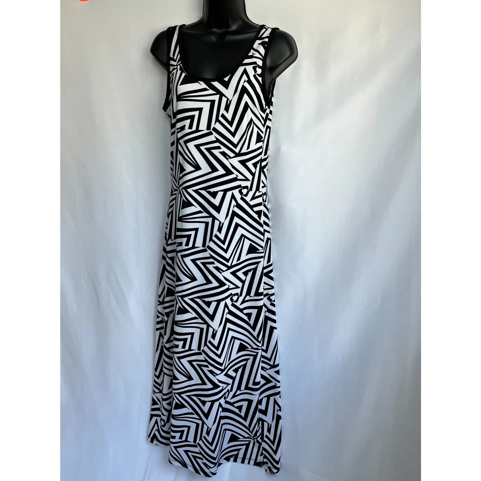 Maxi abito astratto Celine by Champion Y2K taglia M anni 90 retrò bianco e nero floreale
