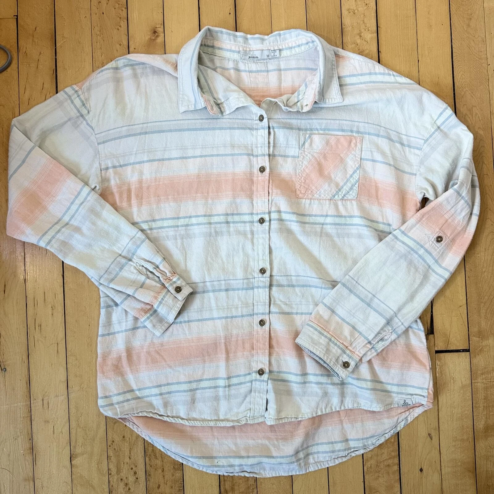 prAna Percy Shirt M Organic Cotton Stripe Button Up Hiking Outdoor Coastal Boho