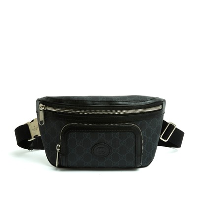 Gucci Sac Cintur Noir GM Emblem GG Black Monogram Canvas Leather Bag On Belt