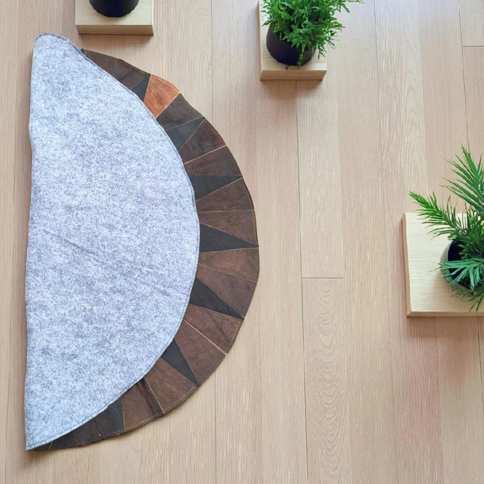 Rustic Multicolor Cowhide Patchwork Rug Round Handmade Leather Carpet - Image 3 of 4