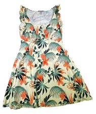 ASOS Sleeveless Midi Sun Dress Size 12 Beige Floral Tropical Round Neck Cotton