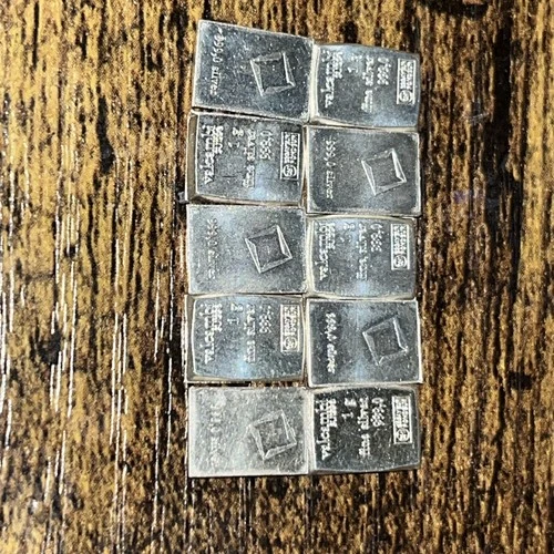 Lot of 10 Valcambi 0.999 Fine Silver 1 Gram Bullion Bars