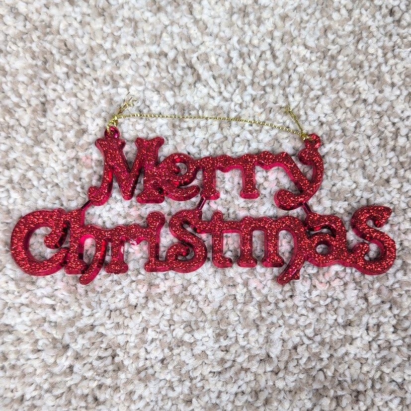 Red Glitter Merry Christmas Hanging Ornament Shimmering Festive Decor