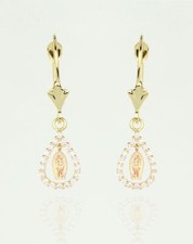14k Yellow Gold CZ Guadalupe Tear Drop Dangle Leverback Pierced Earrings