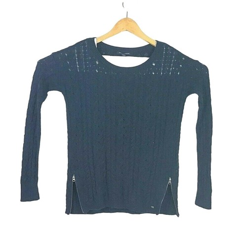 NWT AEO S Navy Blue Cable Knit Sweater Long Sleeve Pullover Round Neck Side Zip