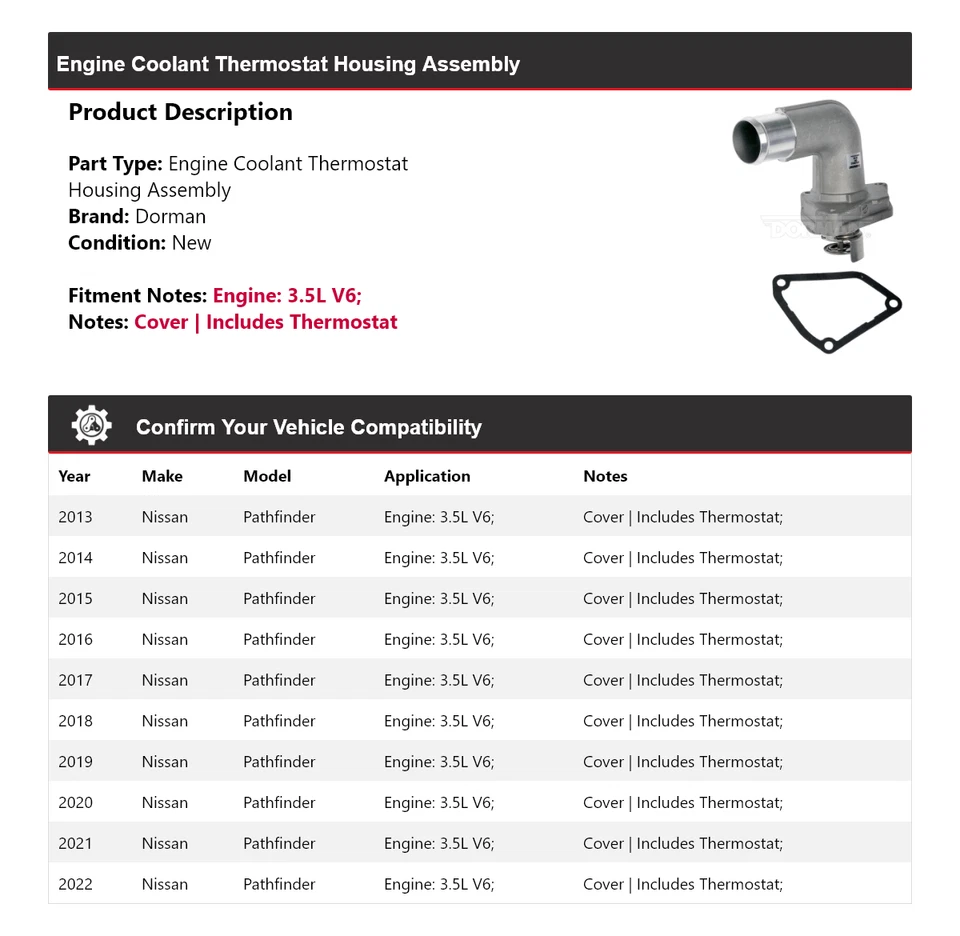 Conjunto de carcasa termostato Dorman V6 3,5 L Nissan Pathfinder 2013-2022 2014 Foto 2 de 4