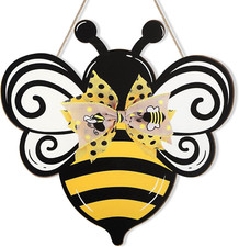 Bee Wooden Wreaths Front Door Welcome Signs with Bow Ribbon, Bee Decoration Wood