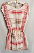 Ann Taylor Loft 100% Linen Blouson Mini Dress Sz S Drawstring Beige Pink Stripe