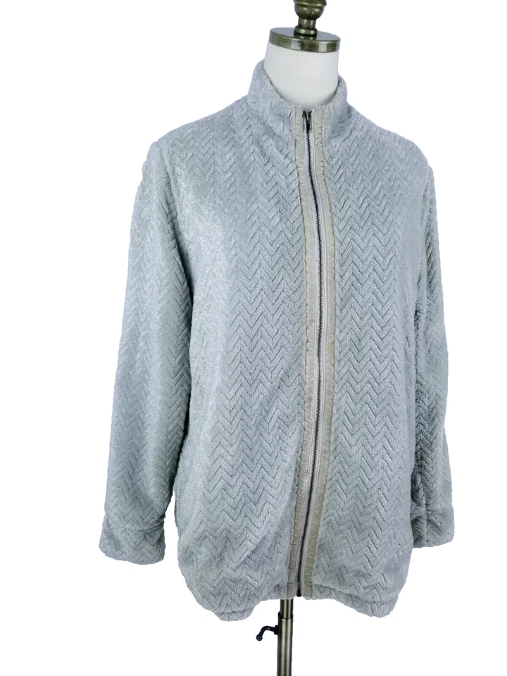 Soft Surroundings Silver Jacket Sherpa Fleece Metallic Winter Size L Pockets - Image 2 of 4