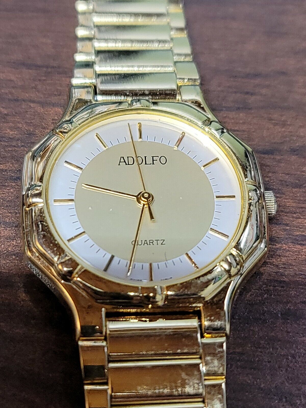 Vintage Adolfo Men's Watch Gold Tone New Battery Swiss Ronda Movement 