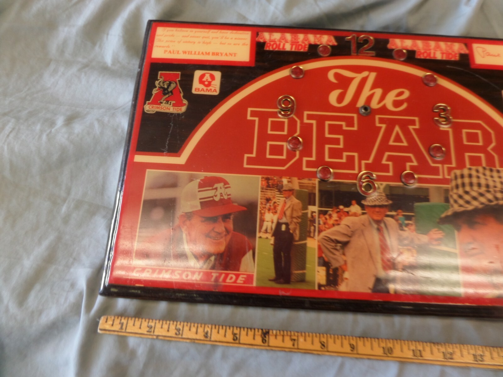 Vintage Alabama Crimson Tide Paul Bear Bryant Wood Clock 19" x 12" NO