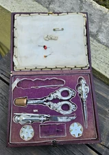 Antique Old Vintage French? Wood Sewing Box Etui Mother of Pearl Thread Winders