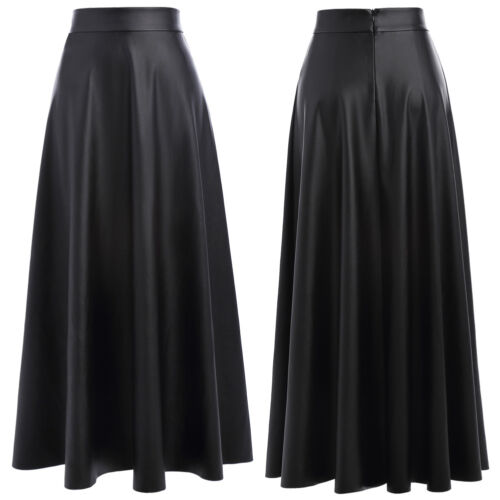 Leather Skirt  Women's High Waist  Pleated Swing Maxi Flared A-Line Long Skirts - Picture 1 of 11