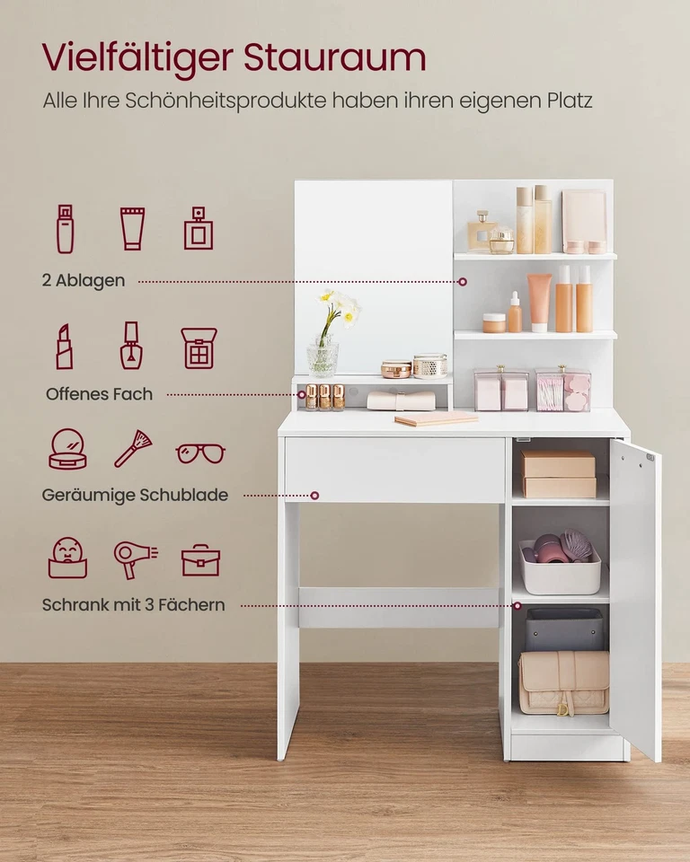 Schminktisch, Frisiertisch, mit Spiegel, Aufbewahrungsfach, 2 verstellbare Ab... - Bild 3 von 4