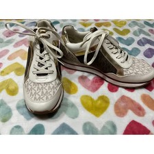Michael Kors Women's Cream Logo Print Gold Trim Sneakers