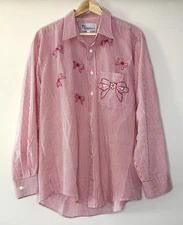 Mili Designs Size L Oversized Bow Appliqué Red Stripe Button Up Shirt Vintage