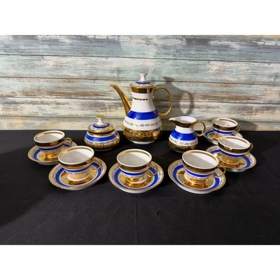 Vintage Santa Clara Porcelain Coffee Tea Set Blue Gold White 15 Piece Gilded Set