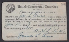 United Commercial Travelers Hartford Council #210 Membership Card 1932