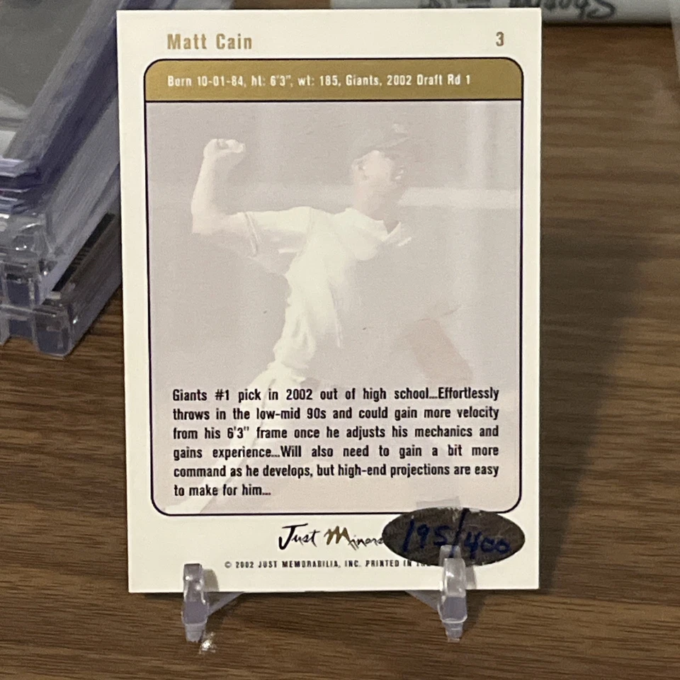 2002 Just Minors Justifiable - Matt Cain #3 Autographed /400 (AU, RC) - Image 2 of 4