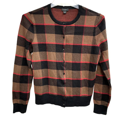 Ann Taylor Cardigan Sweater Womens L sz  Brown Plaid Button Front Knit Tartan