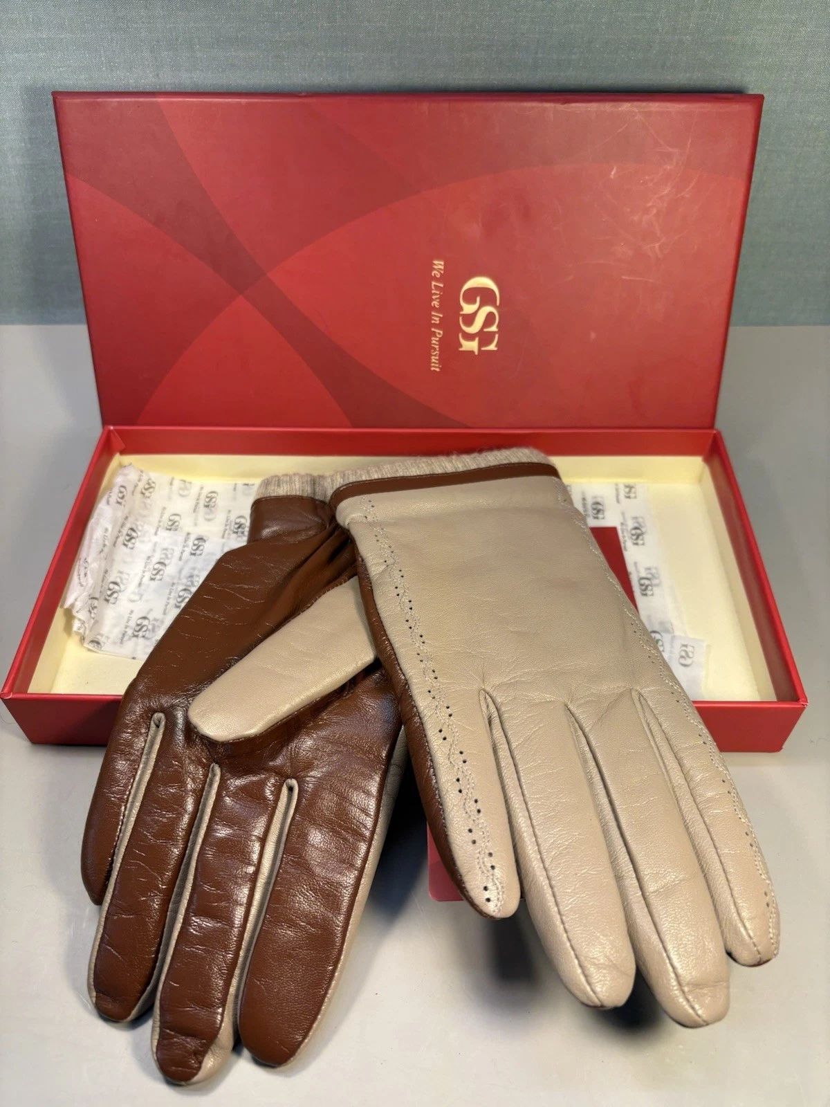 Leather Insulated Gloves Womens Soft Leather Beige Brown RRP £47.99 NEW Boxed