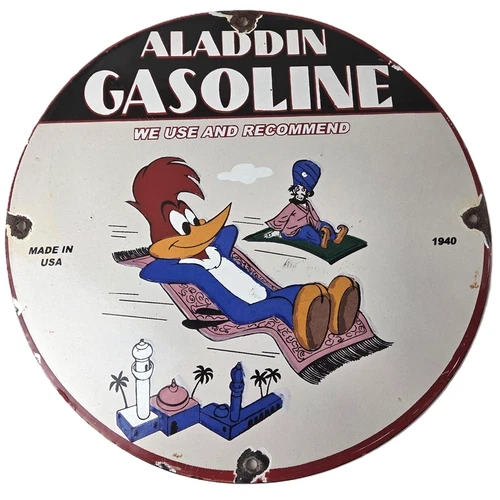 Vintage Aladdin Gasoline Sign - Porcelain Woody Gas Service Station Pump Sign