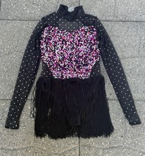 A Wish Come True Dance Costume LC Large Child Black Pink Sequin Fringe Leotard