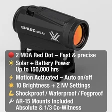 Vortex Sparc Solar Red Dot Sight 2 MOA Optic – Solar/Battery Pwrd Red Dot