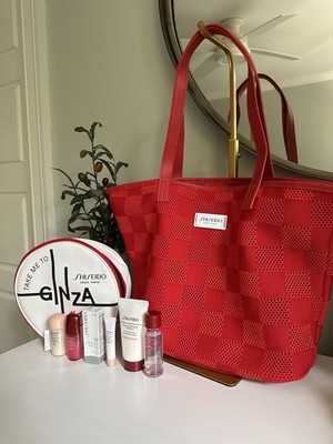 NIB Rare Shiseido Ginza Tokyo Skincare Set - Red Mesh Tote & Round Cosmetic Case