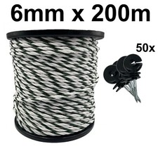 6 mm Elektrozaun wei&szlig; und gr&uuml;n Polyseil - 200 m Rolle mit 50 Ringisolatoren