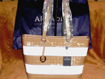Arcadia Italian Patent Leather Tote Warm Beige & White Striped + Red Edges NWT
