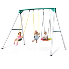 600lb 9.5ft Heavy Duty Metal Swing Set Backyard Kids Adult Playset with 3 Swings
