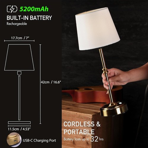 Cordless Table Lamp, 16" Fabric Shade Desk Lamp with 3-Level Brightness, 5200mAh - Picture 5 of 7