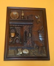 Quadro legno intarsiato cm 50x39 marrone scuro interno casa colonica con camino